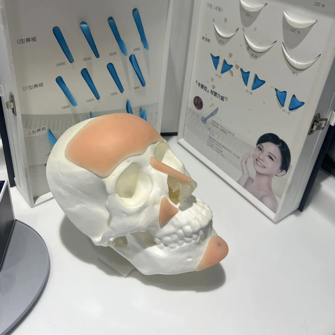 鼻部與下巴植入物尺寸樣品，及植入位置解剖模型